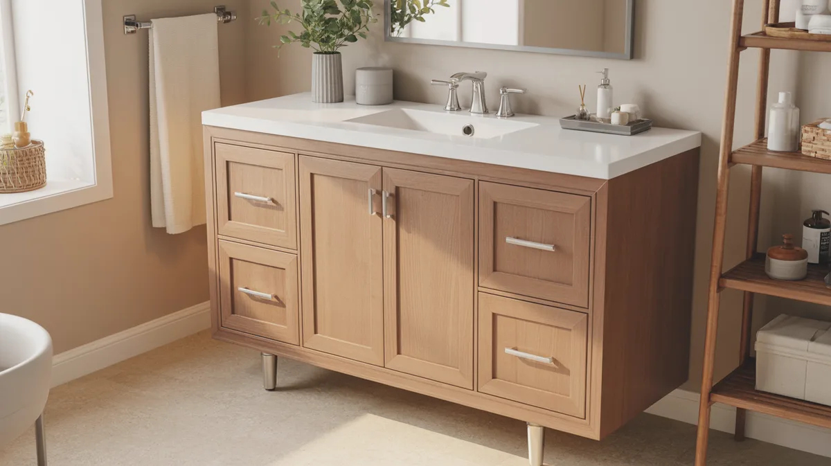 Meuble de rangement sous lavabo sur mesure : découpe, charnières et finition