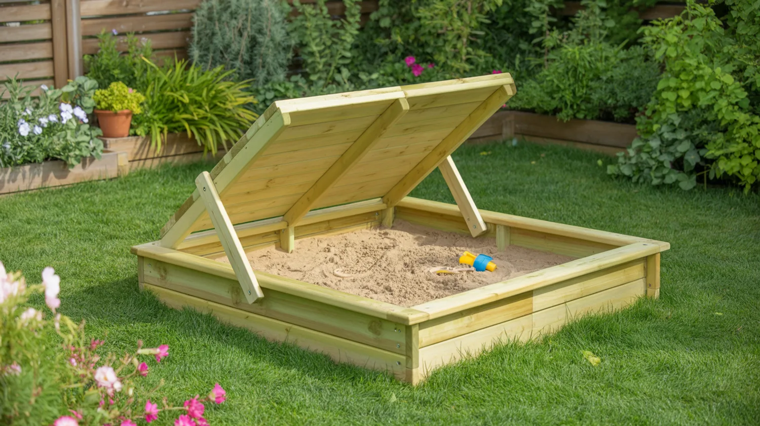 Bac à sable couvert avec système anti-chats : guide de construction en bois traité
