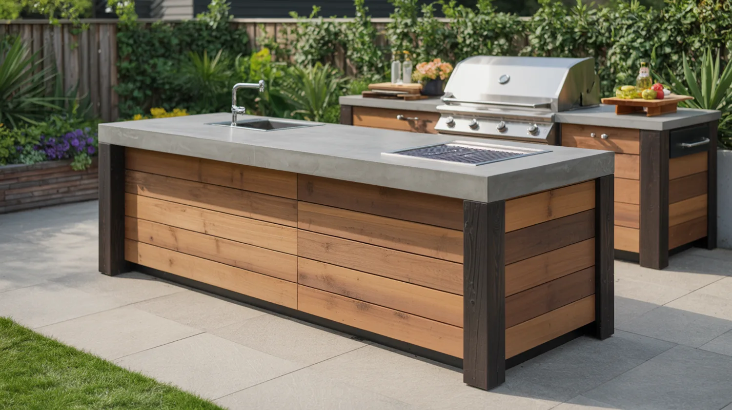 Construire un îlot de jardin pour barbecue : coffrage bois brûlé et plan de travail en béton coulé