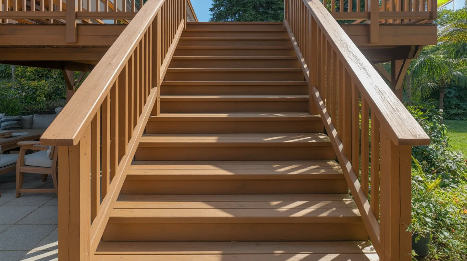 Escalier extérieur en bois composite sur pilotis : calcul, assemblage et main courante
