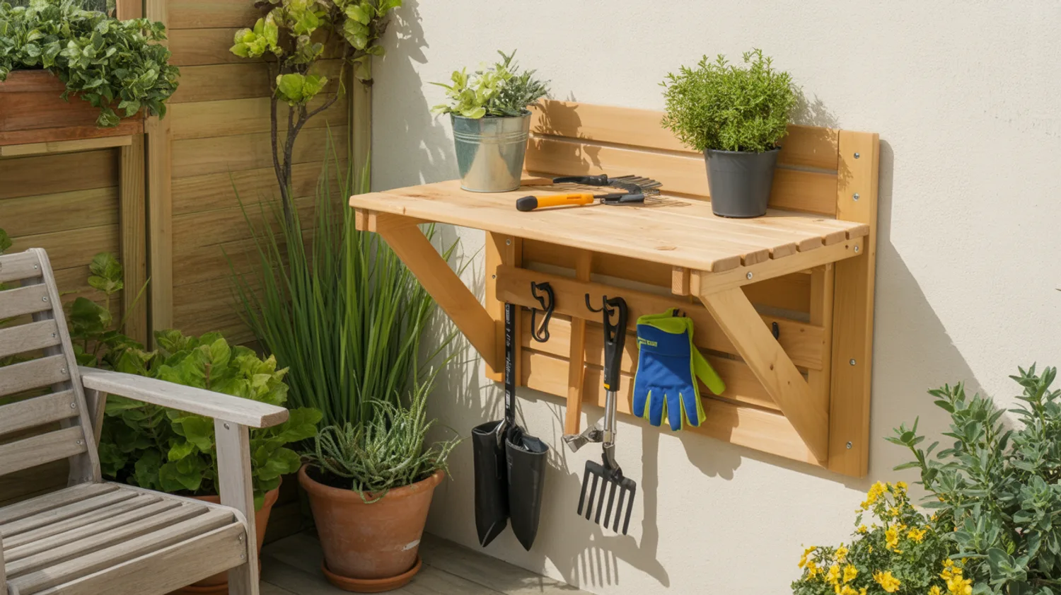 Établi de jardin pliable fixé au mur : plans, cotes et étapes de fabrication