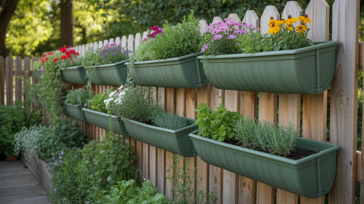 Jardin vertical sur clôture : créer des jardinières avec des gouttières PVC recyclées