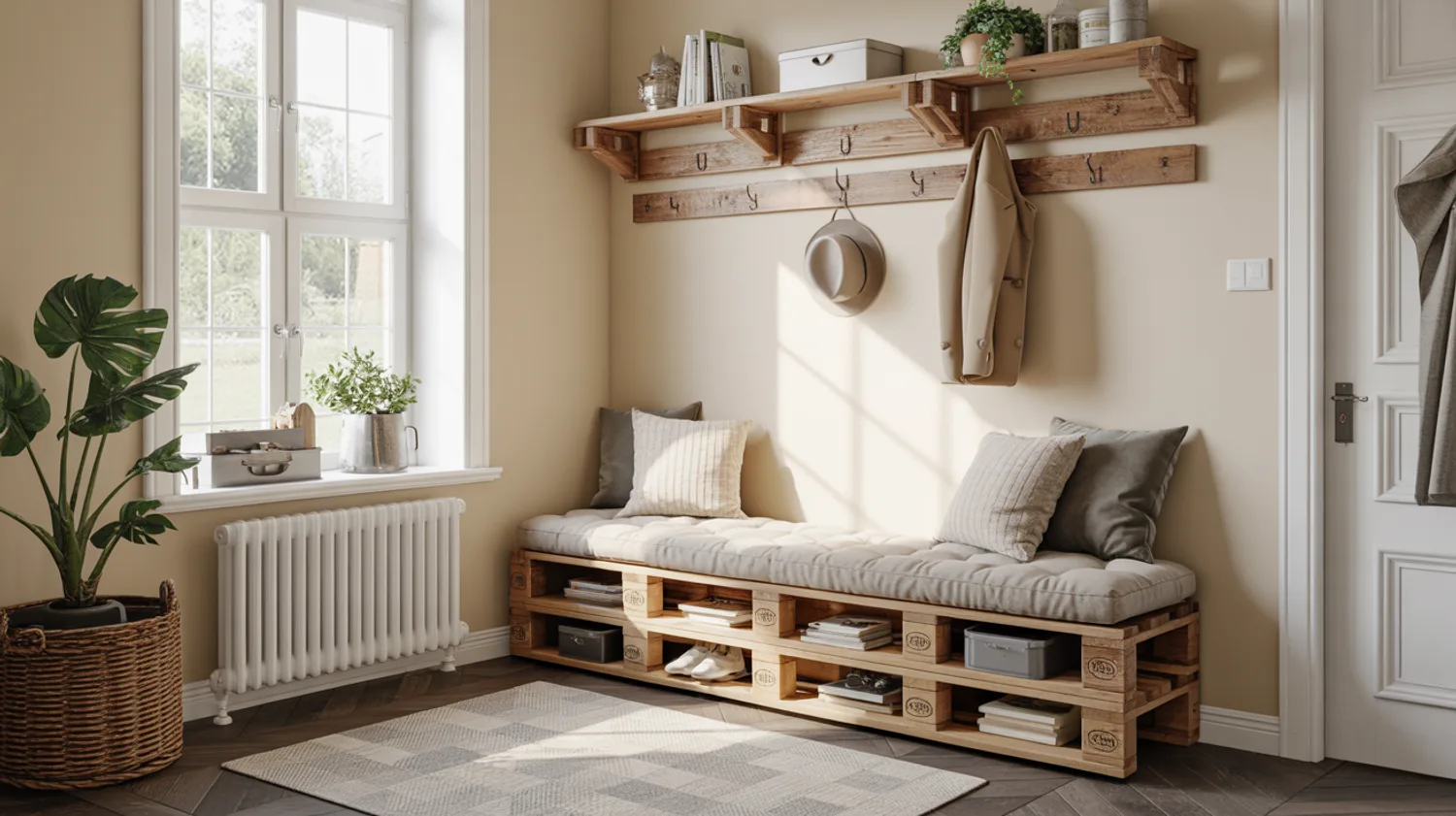 Meuble d'entrée en palettes : fabriquer un banc, des tiroirs et un porte-manteaux