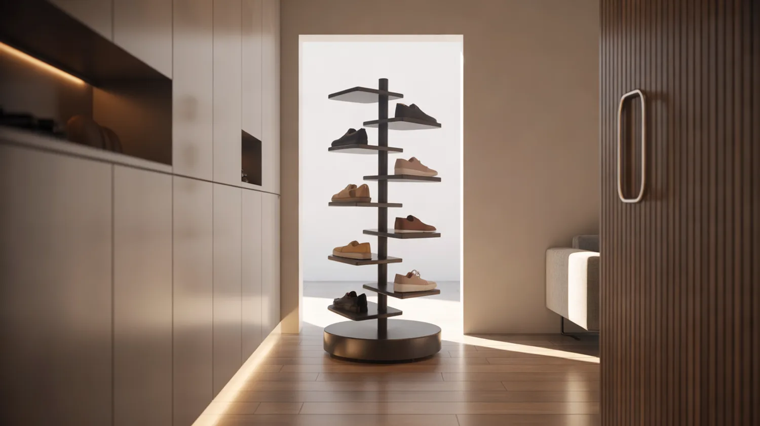Carrousel à chaussures rotatif : fabriquer un meuble pivotant pour entrée étroite