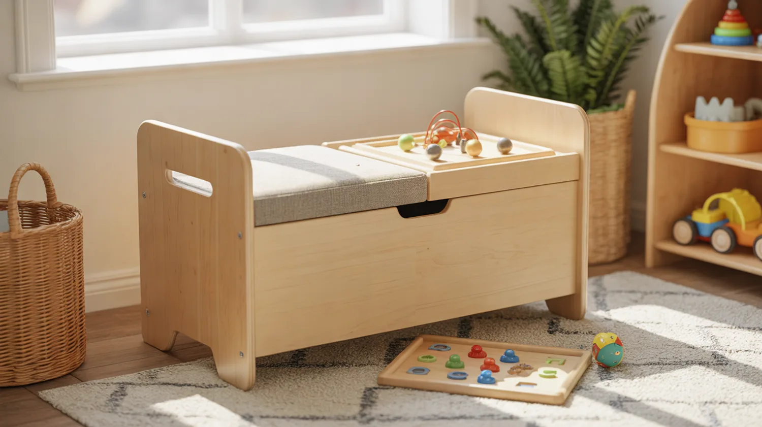 Coffre à jouets multifonctions : construire un banc avec rangement et plateau de jeu